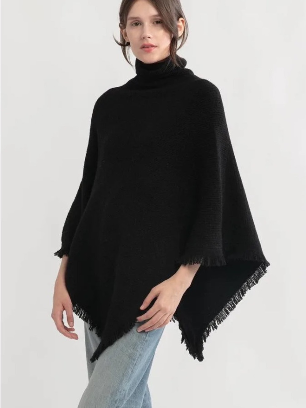 LOOK by M New York 100% Merino Wool Black Turtleneck Poncho Fringe Sweater